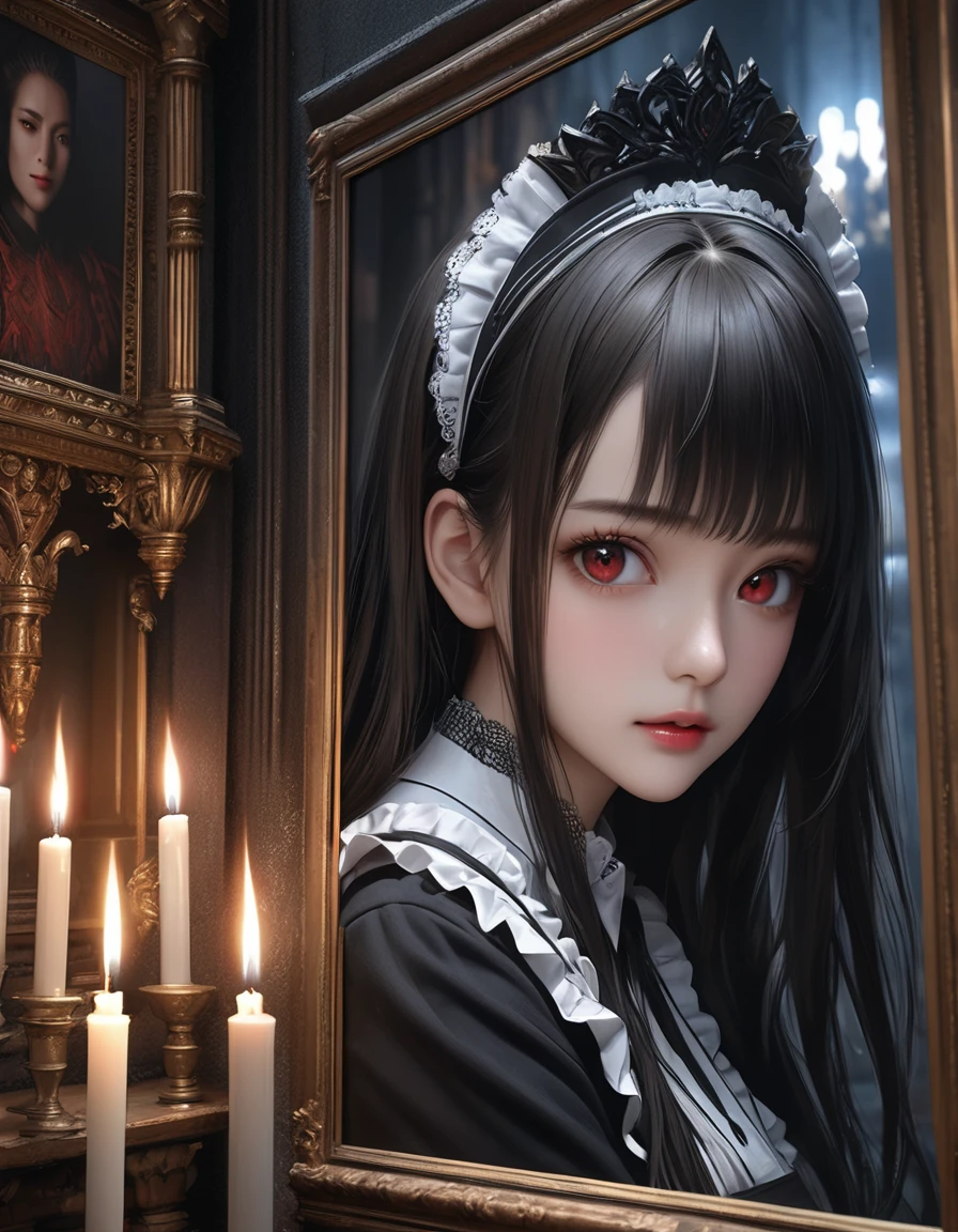 high quality, detailed, Realistic,(25 years old beautiful maid), (detailed dark red eyes), (black long hair),large beasts,(shiny skin),dark night palace corridor, candle,best quality,4k,8k,highres,masterpiece:1.2),ultra-detailed,(realistic,photorealistic,photo-realistic:1.37), looking at viewer,