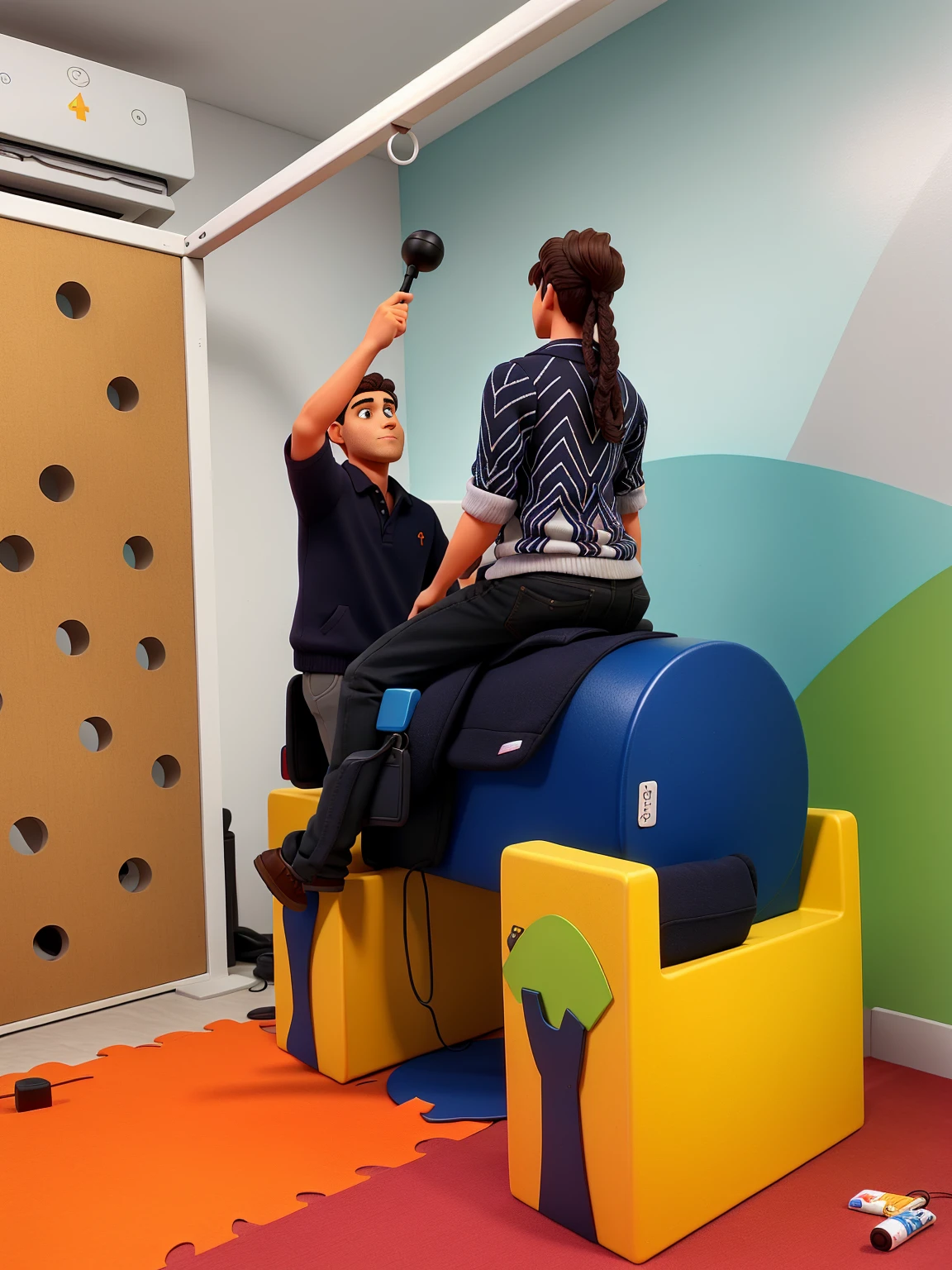 a man in front holding an object in front of the girl who is on top of a toy
