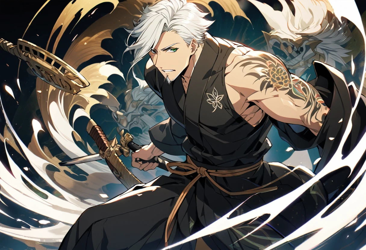 1 boy, male focus, Intricate details, 1 man, handsome, white hair, vibrant green eyes, slim muscles, anime, 19 years old, 19 years old, a small goatee, shinigami kimono, shinigami, bleach style, bleach, tank top, kimono , bleach, bleach style (black kimono)
