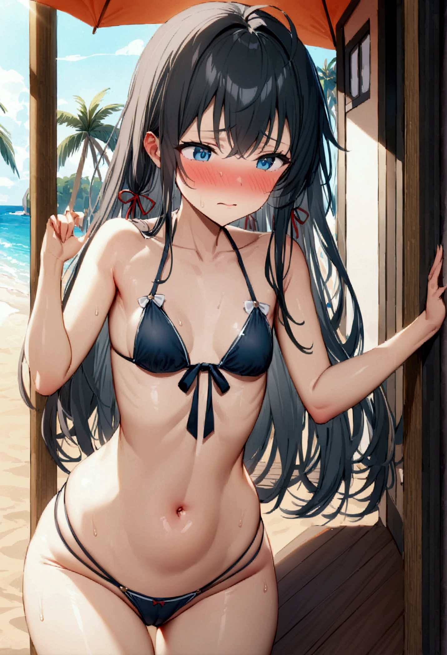 NSFW,masterpiece,Highest quality,High resolution,Super detailed,Yukinoshita Yukino\(My Youth Romantic Comedy is Wrong as Expected\),Black Hair,Long Hair,Light blue eyes,High quality sexy bikini,Halter neck,Small breasts,Embarrassed,blush,beach,Palm tree,Beach parasol,Beach House,Picking Up Girls