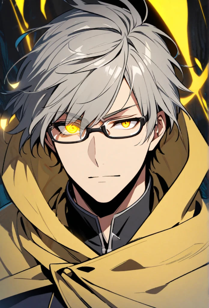 Male, solo, handsome, yellow eyes, glowing eyes, short hair, grey hair, yellow cloak, glasses cover 1 eye, yellow aura, holo