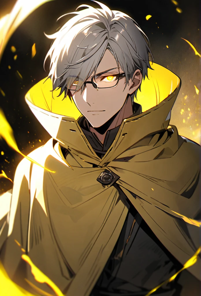 Male, solo, handsome, yellow eyes, glowing eyes, short hair, grey hair, yellow cloak, glasses cover 1 eye, yellow aura, holo