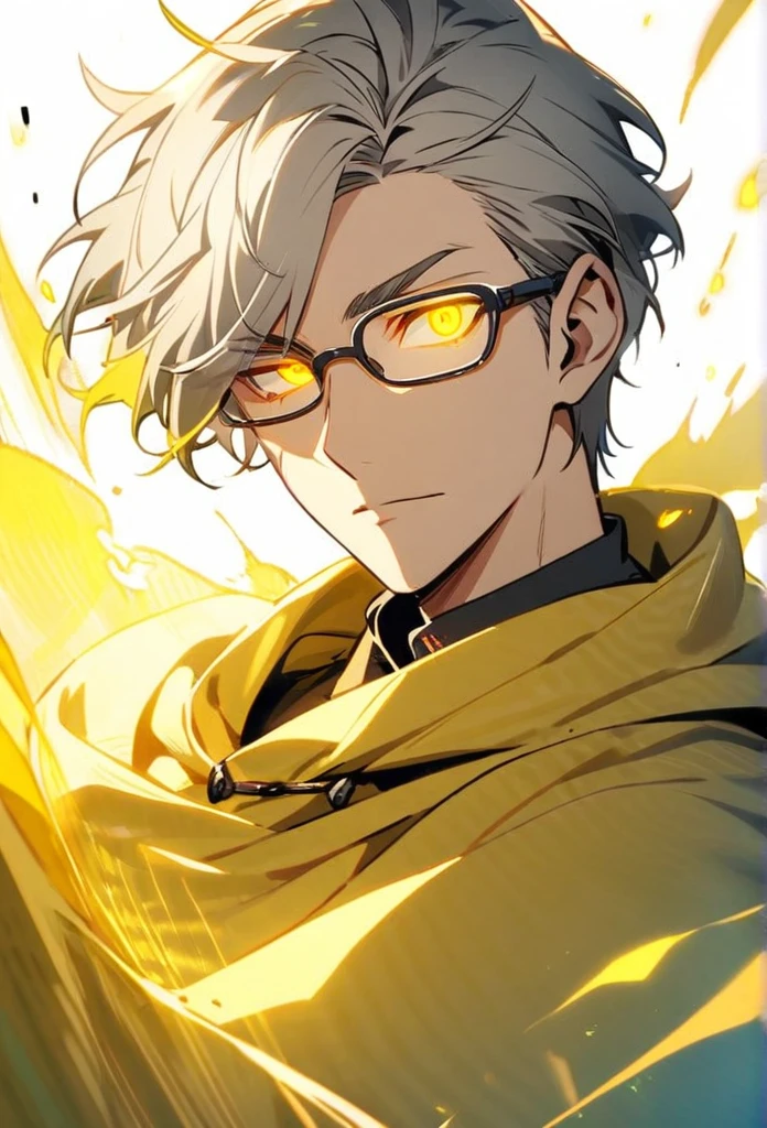 Male, solo, handsome, yellow eyes, glowing eyes, short hair, grey hair, yellow cloak, glasses cover 1 eye, yellow aura, holo