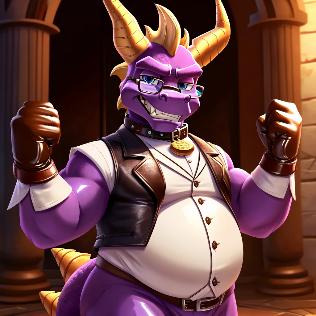 Solo, Male, fat, extremely obese, gentleman, dapper Professor Spyro, blue eyes, (posing:1.3), (soft shading), 4k, hi res, ((detailed face, detailed)), looking at viewer, mouth wide open, steampunk, collared shirt with buttons, top hat, male focus, Explorer Outfit, glasses, monocle, vest with buttons, sleeves rolled up, round eyewear, brown headwear, brown vest, Spyro is wearing a glossy leather dog collar around the neck, Spyro is wearing the leather collar and shirt and vest at the same time, Spyro is wearing glossy white rubber gloves on the hands, wearing white rubber gloves on the feet, gloves are rubber in texture, clenching teeth, clenching fists, leather collar is glossy and shiny with a lot of detail, Spyro is wearing gloves and leather collar at the same time, leather collar has a round dog-tag, leather collar is thick and detailed, leather collar is glossy and shiny, fancy clothing, dapper vest, dapper shirt, leather collar is thick, glossy leather collar.