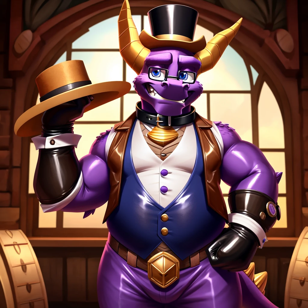 Solo, Male, fat, extremely obese, gentleman, dapper Professor Spyro, blue eyes, (posing:1.3), (soft shading), 4k, hi res, ((detailed face, detailed)), looking at viewer, mouth wide open, steampunk, collared shirt with buttons, top hat, male focus, Explorer Outfit, glasses, monocle, vest with buttons, sleeves rolled up, round eyewear, brown headwear, brown vest, Spyro is wearing a glossy leather dog collar around the neck, Spyro is wearing the leather collar and shirt and vest at the same time, Spyro is wearing glossy white rubber gloves on the hands, wearing white rubber gloves on the feet, gloves are rubber in texture, clenching teeth, clenching fists, leather collar is glossy and shiny with a lot of detail, Spyro is wearing gloves and leather collar at the same time, leather collar has a round dog-tag, leather collar is thick and detailed, leather collar is glossy and shiny, fancy clothing, dapper vest, dapper shirt, leather collar is thick, glossy leather collar.