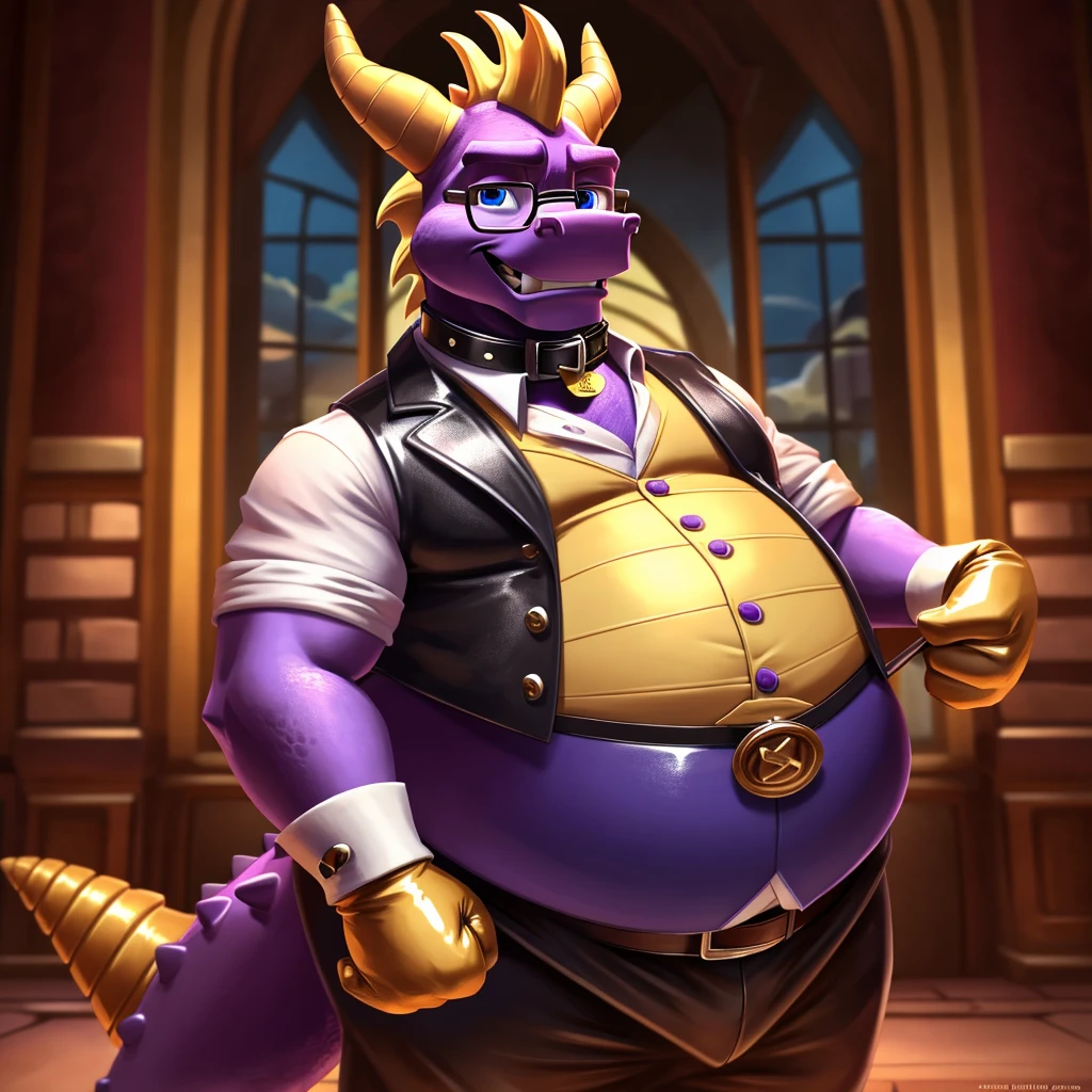 Solo, Male, fat, extremely obese, gentleman, dapper Professor Spyro, blue eyes, (posing:1.3), (soft shading), 4k, hi res, ((detailed face, detailed)), looking at viewer, mouth wide open, steampunk, collared shirt with buttons, top hat, male focus, Explorer Outfit, glasses, monocle, vest with buttons, sleeves rolled up, round eyewear, brown headwear, brown vest, Spyro is wearing a glossy leather dog collar around the neck, Spyro is wearing the leather collar and shirt and vest at the same time, Spyro is wearing glossy white rubber gloves on the hands, wearing white rubber gloves on the feet, gloves are rubber in texture, clenching teeth, clenching fists, leather collar is glossy and shiny with a lot of detail, Spyro is wearing gloves and leather collar at the same time, leather collar has a round dog-tag, leather collar is thick and detailed, leather collar is glossy and shiny, fancy clothing, dapper vest, dapper shirt, leather collar is thick, glossy leather collar.