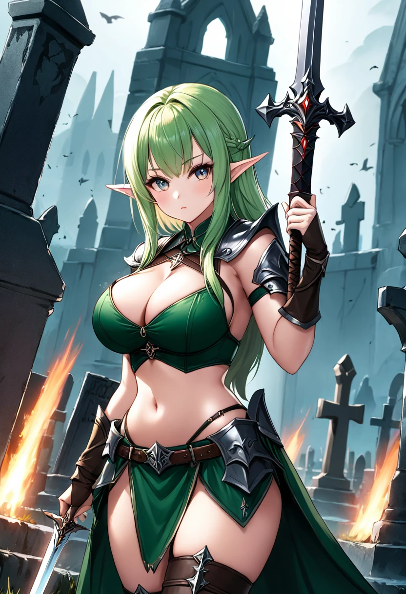 score_9, score_8_up, score_7_up, score_6_up, 1girl, busty elf warrior, horror fantasy world, huge sword over shoulder, busty, small waist, wide hips,from front, graveyard, cleavage