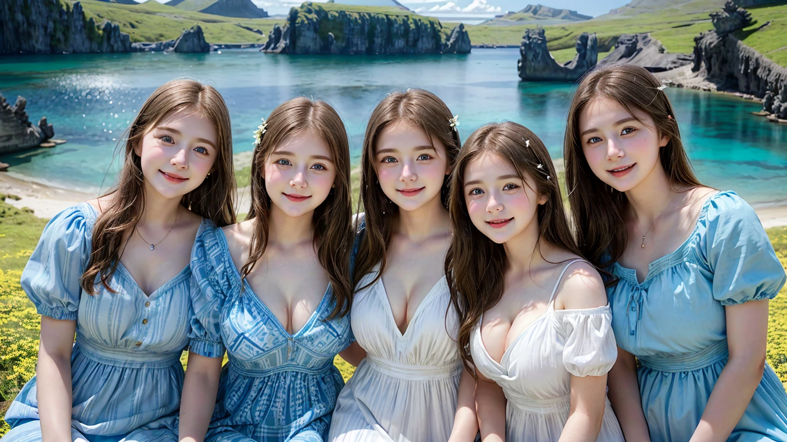 (3 girls), young face, 12 years,smile, white skin, Round breast, blue eyes,(((Chest island dress:1.2)))Masterpiece, Highest quality, 8K, beautiful girl, young face、 photography, Cute face, thigh,In the meadow, Embarrassing、รอยsmile、((((((อายุ 12 years))))))、small waist、(((round chest))) ((big breasts))