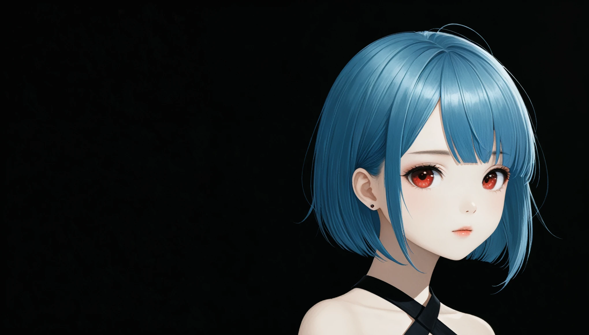 in style of by Liu Ye，in style of Santiago Caruso, 1 Girl,（90 degree tilt of neck，Face up：1.8）， criss-cross_halter，Large area black background,Asymmetrical composition，，The character is on one side，Head tilt action，short blue hair, Red eyes, 