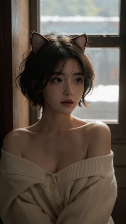 best quality,masterpiece,Ultra-high resolution,(realistically:1.5),original photo, Cat ears,Cute,In the light,Deep shadows,Low profile,Cold Light,sexy look,short hair