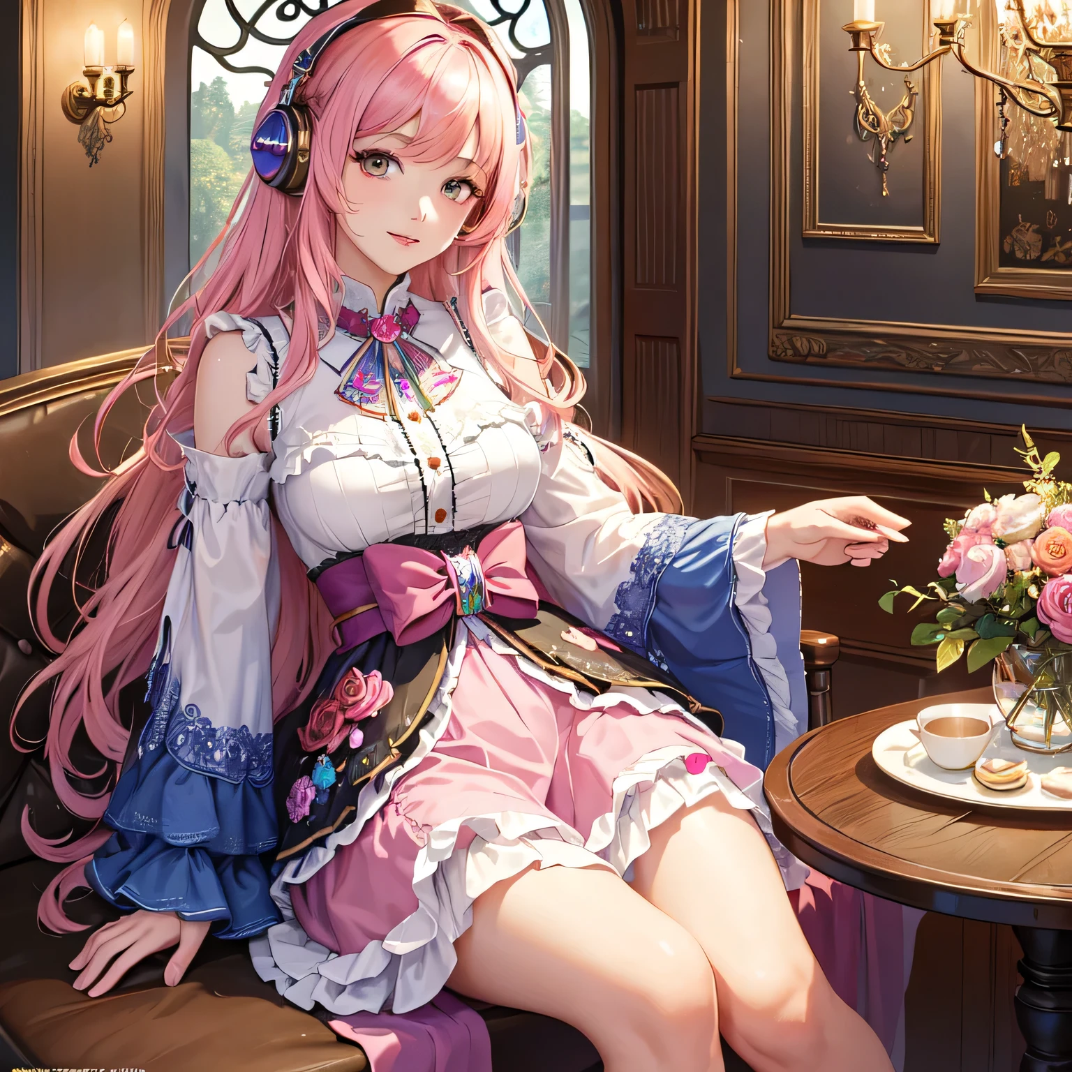 (masterpiece, Highest quality, Highest quality, Official Art, beautifully、beautiful:1.2), (One Girl), Very detailed,(Fractal Art:1.3),colorful,Most detailed、pink rainbow hair、I have headphones on。
In a fashionable café、Drinking coffee。