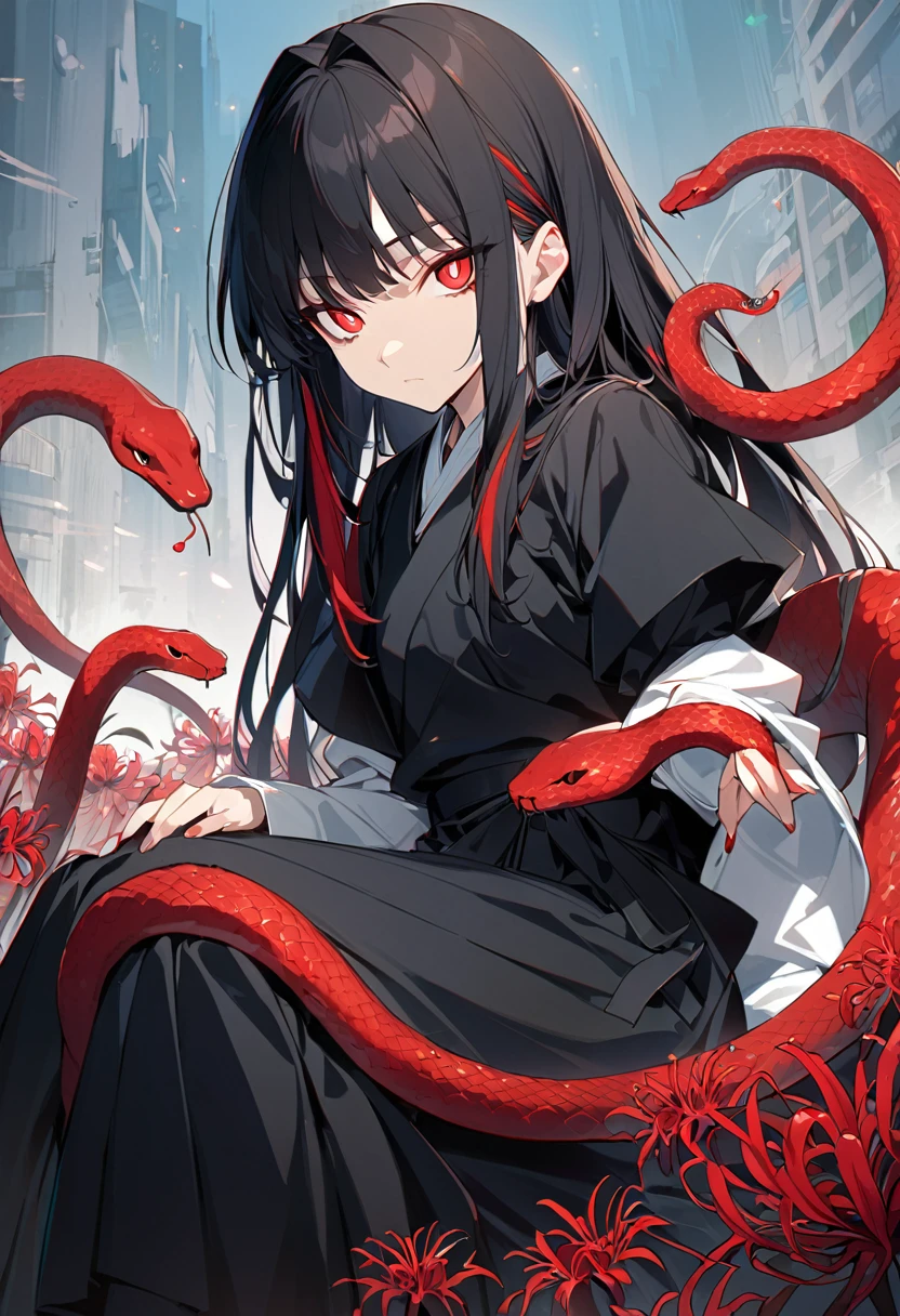 1 girl, beautiful, expressionless, big eyes, hakama skirt, snake, moe sleeves, red spider lilies, sitting, misaligned pupils, snake-like pupils, red eyes, black hair, hair intake, mullet, mismatched pupils, snake pupils, red eyes, black hair, hair intakes, mullet, streaked hair, anime, anime, anime, best quality, masterpiece, best quality, masterpiece