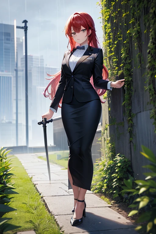 best quality, 1girl, beautiful angry business woman holding a steel sword, black business suit, black midi pencil skirt, black blazer, heels, looking at viewer, full body, long red hair, garden, stone wall, rain