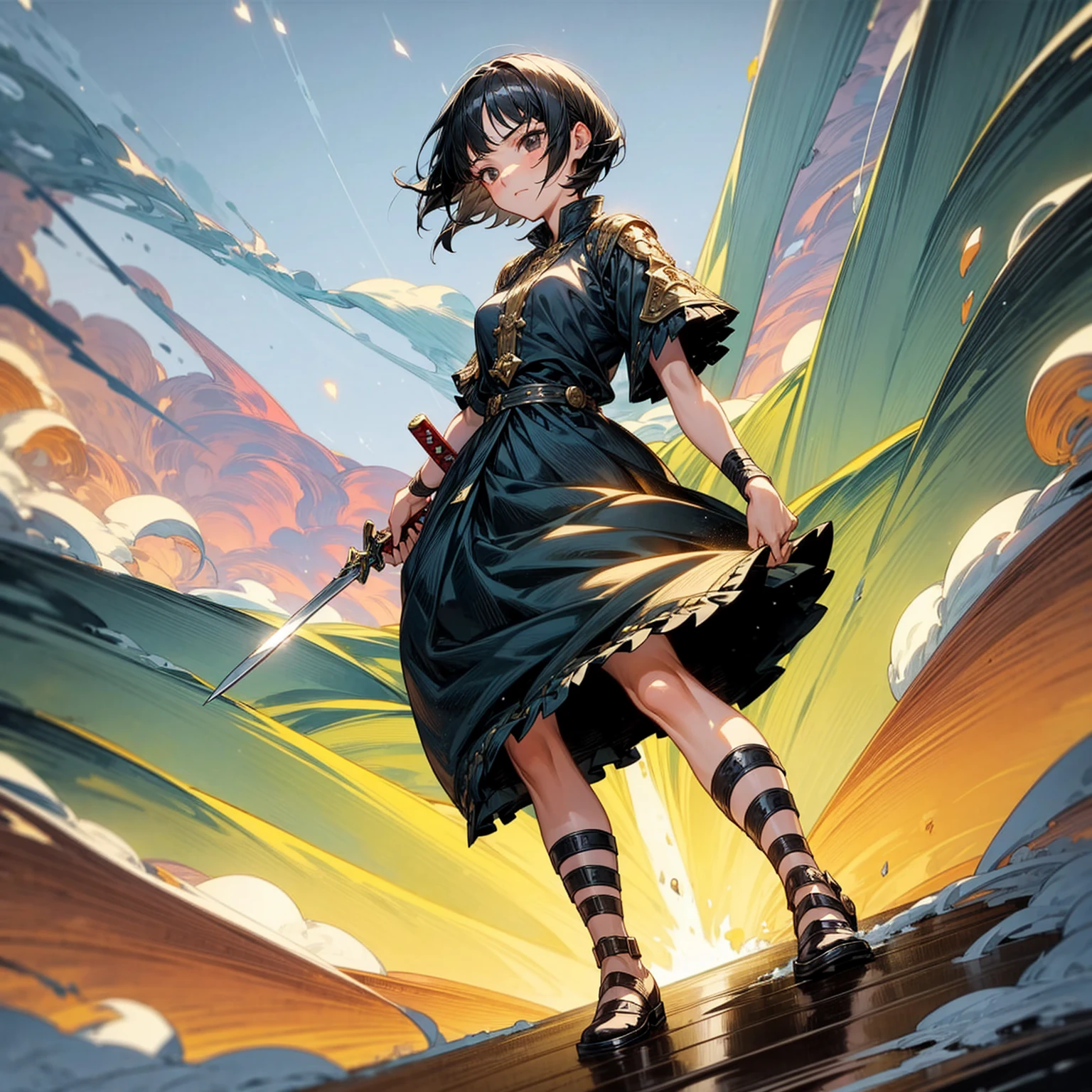 1girl, Full body version, 1character, girl version, black eyes color, short haircut, black colour hair, Ancient Roman style clothing, long skirt, ling boots, small armor body, Grassroots, background in snow, motion blur, (one piece style art), snow, knife in hand, standing gesture, fire, lighting knife, smoke effect, aura effect, lighting moon, Moonlight, fire aura, snow, blue lightning, Silhouette, knife light silhouette, moon