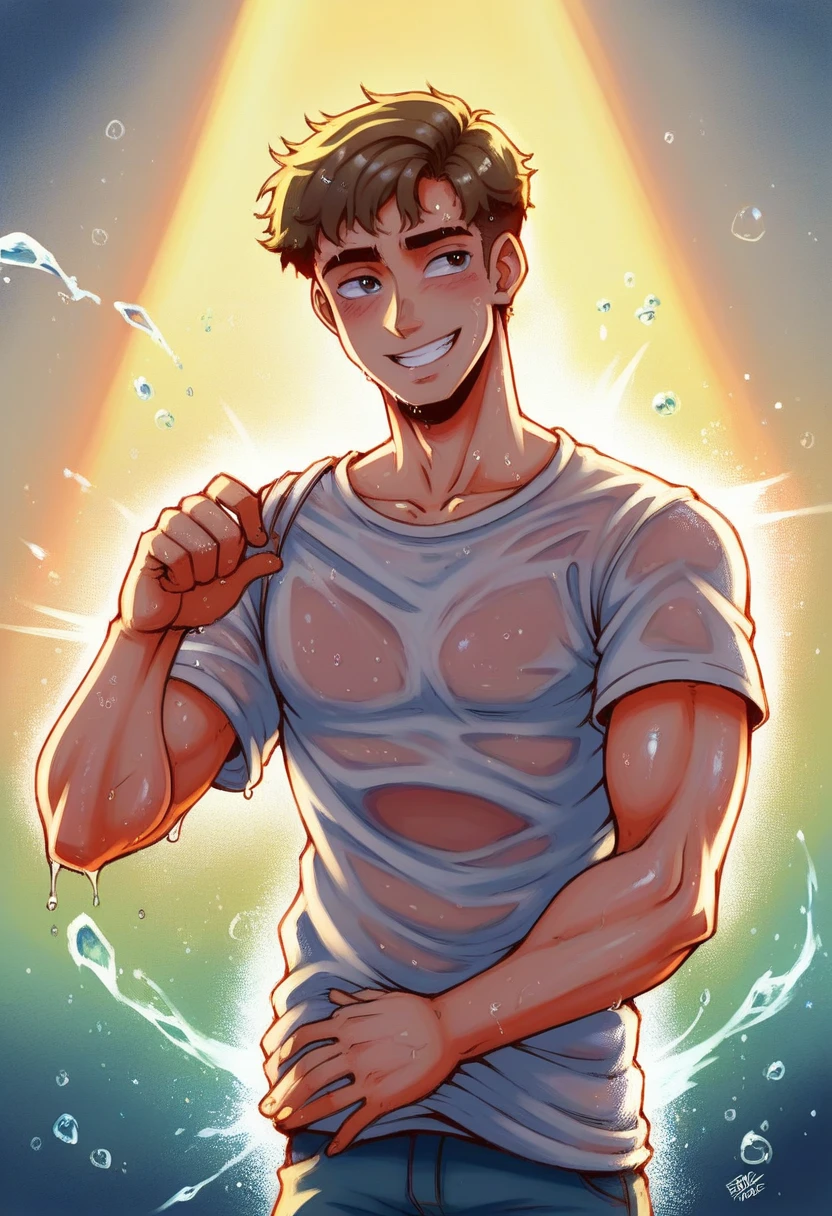 masterpiece work, best quality, very detailed, sharp focus, dynamic lighting, colorful, texture detail, particle effects, storytelling elements, narrative style, 16k, UE5, HDR, subject-background isolation, 2D, watercolor, 1 man with shoulder-length hair, smile, wet t-shirt with water droplets, splash detail, dramatic surreal lighting shadows (lofi, analog), film kodak by Brandon Woelfel Ryan McGinley, (perfect hands: 1.2), cool, waist