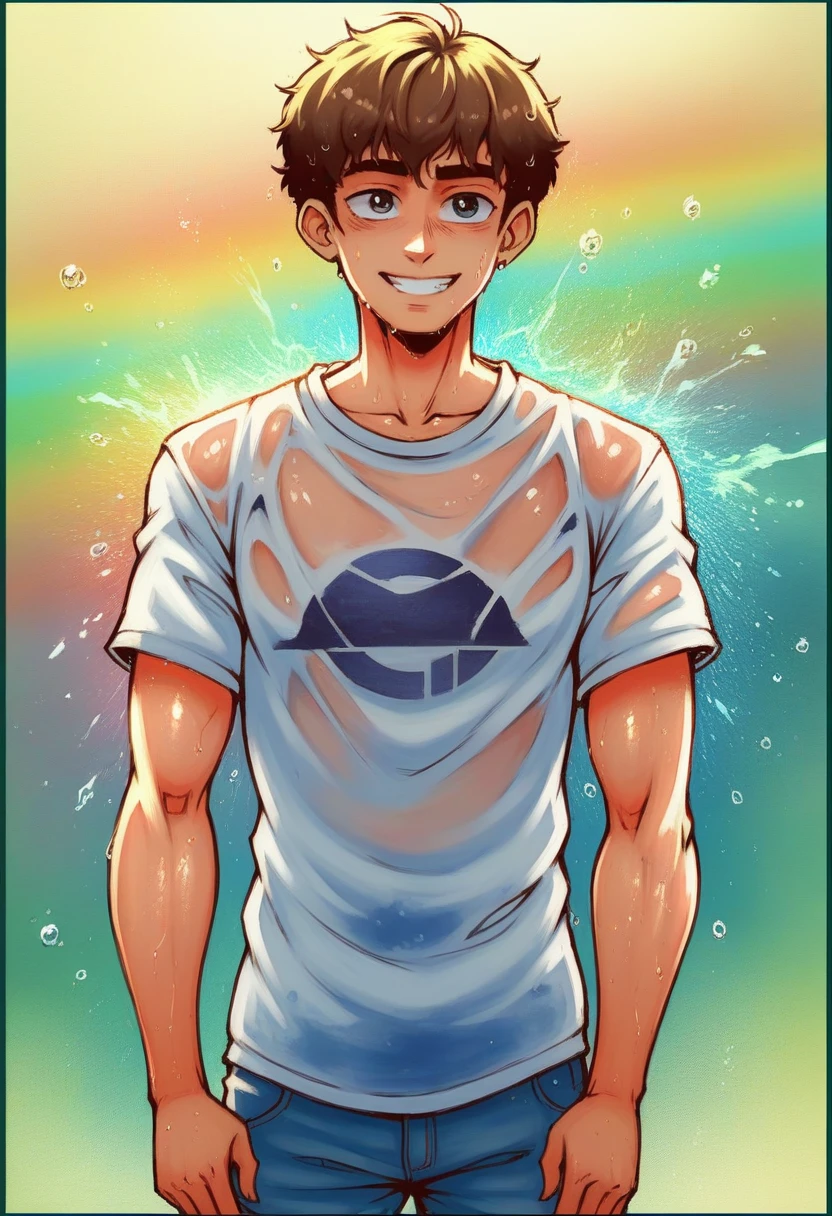 masterpiece work, best quality, very detailed, sharp focus, dynamic lighting, colorful, texture detail, particle effects, storytelling elements, narrative style, 16k, UE5, HDR, subject-background isolation, 2D, watercolor, 1 man with shoulder-length hair, smile, wet t-shirt with water droplets, splash detail, dramatic surreal lighting shadows (lofi, analog), film kodak by Brandon Woelfel Ryan McGinley, (perfect hands: 1.2), cool, waist