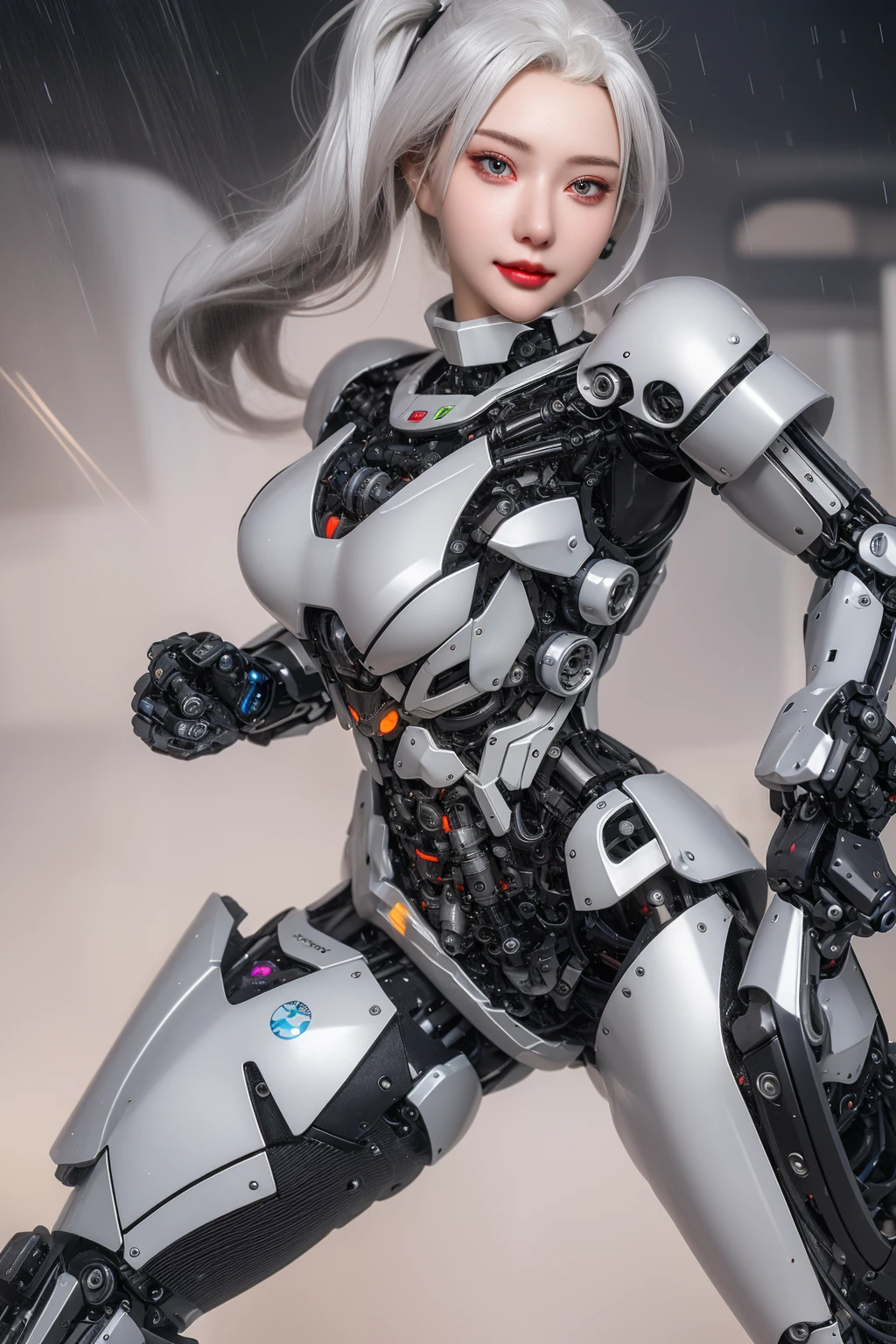 Super Detail, High Detail, high quality, best quality, High resolution，1 female robot，Beautiful female robot,beautiful clear face(Rain waves_haneame：1.5)， Realistic, High resolution, Soft Light,Hips up, (Detailed face), silver hair, long hair, Mecha Maiden, Colorful mechanical parts, mechanical joint, Thick mechanical armor,Weaponry, All metal body, Technology Antenna Hair Accessories