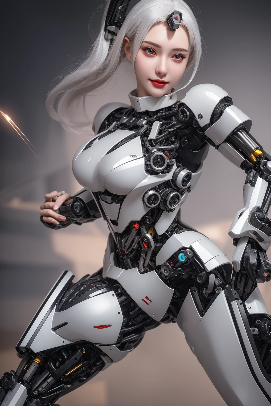 Super Detail, High Detail, high quality, best quality, High resolution，1 female robot，Beautiful female robot,beautiful clear face(Rain waves_haneame：1.5)， Realistic, High resolution, Soft Light,Hips up, (Detailed face), silver hair, long hair, Mecha Maiden, Colorful mechanical parts, mechanical joint, Thick mechanical armor,Weaponry, All metal body, Technology Antenna Hair Accessories