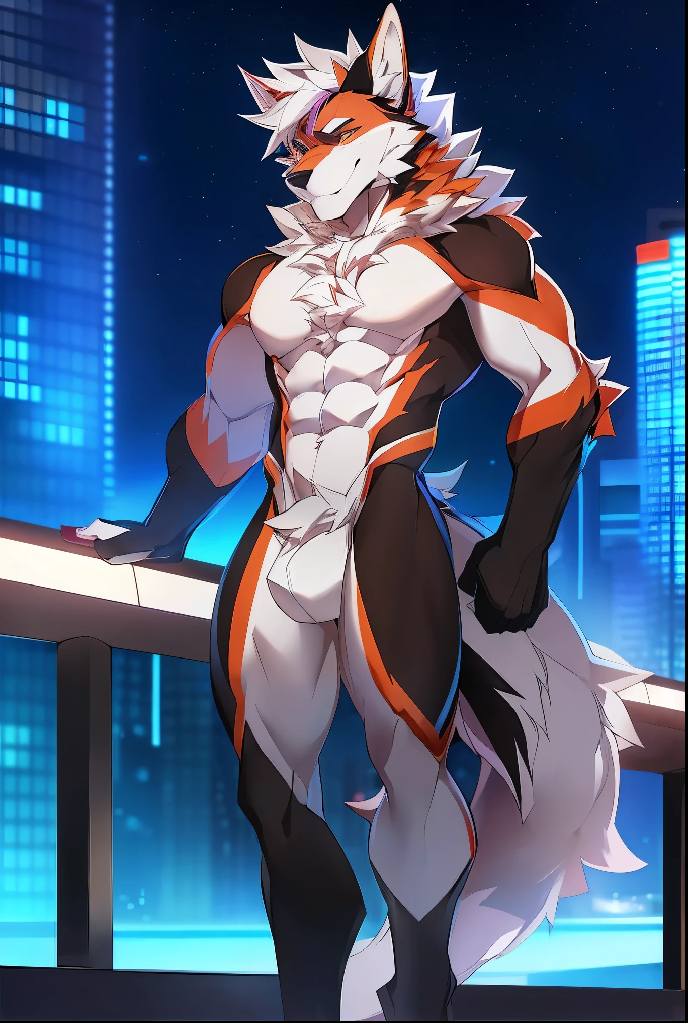 ((Solo)), male people, anthro wolf, (Multi-colored fur, White tail pointed), (Height 3meters,Tail length 2meters), Abs, pinginuscular, A long big tail, by patto, modern city