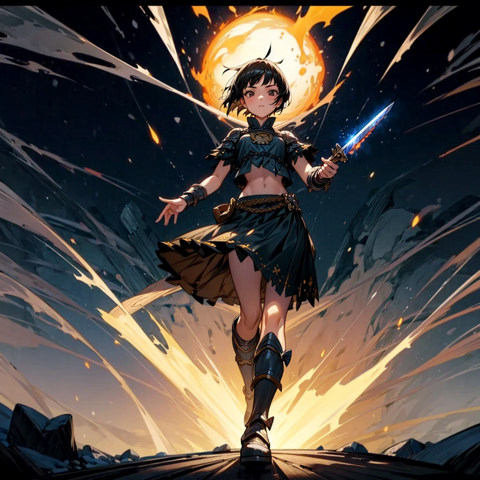 1girl, Full body version, 1character, girl version, black eyes color, short haircut, black colour hair, Ancient Roman style clothing, long skirt, ling boots, small armor body, Grassroots, background in snow, motion blur, (one piece style art), snow, knife in hand, standing gesture, fire, lighting knife, smoke effect, aura effect, lighting moon, Moonlight, fire aura, snow, blue lightning, Silhouette, knife light silhouette, moon