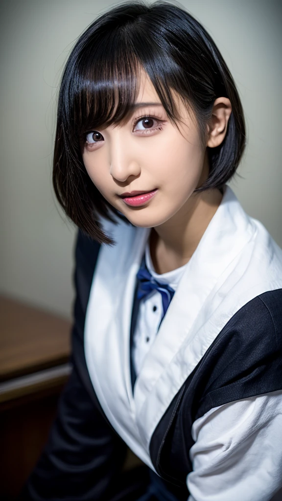 20-year-old, 8K, RAW Portrait (Japanese Girls), photo Realistic, Ultra-high resolution, Highest quality, Actual photo , dramatic, Atmospheric, Realistic,
One girl, a very beautiful Japanese Girls, Glamorous shot of a girl, smile,Bobcut,Textured skin, , lips,Big and beautiful eyes,school uniform,skirt,high school girl,Beautifully detailed nose,,Big Breasts,View your viewers,