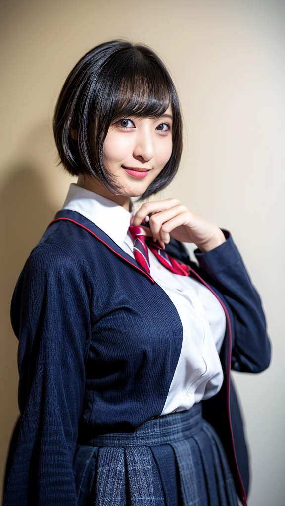 20-year-old, 8K, RAW Portrait (Japanese Girls), photo Realistic, Ultra-high resolution, Highest quality, Actual photo , dramatic, Atmospheric, Realistic,
One girl, a very beautiful Japanese Girls, Glamorous shot of a girl, smile,Bobcut,Textured skin, , lips,Big and beautiful eyes,school uniform,skirt,high school girl,Beautifully detailed nose,,Big Breasts,View your viewers, 