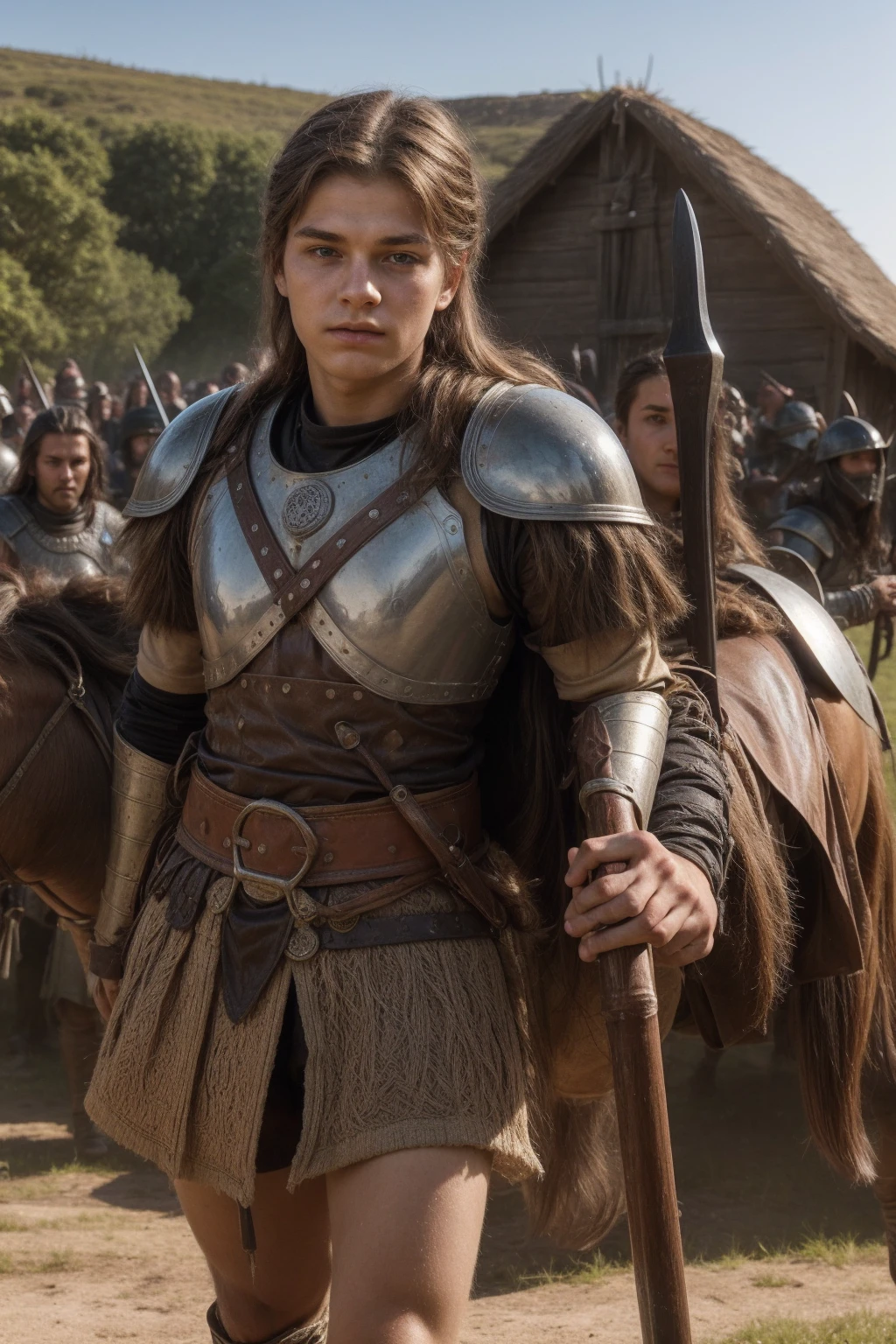 A young male twink with a face with makeup and black hair. He is wearing a Viking war uniform. He is a brave knight riding a horse. He is carrying a weapon and a sword. He is in the battle of war against many armies.