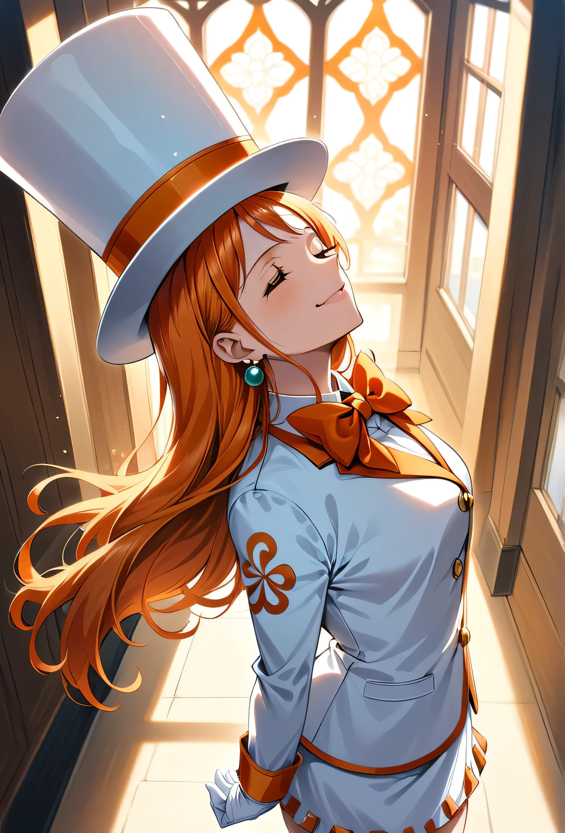 (best quality, hdr, high resolution) Solo, nami (one piece), (((oversized white top hat with orange trim, snuggly fit  over face))), ((a white suit with orange trim, white tuxedo shirt with ruffles, long sleeved , large orange bowtie)), ((white miniskirt with orange trim)), white gloves, white high heels, earrings, (smiling, playful, feisty), ((dapper)), posing in a yellow room with floral etchings and ornate windows, (glamorous pose), close up
