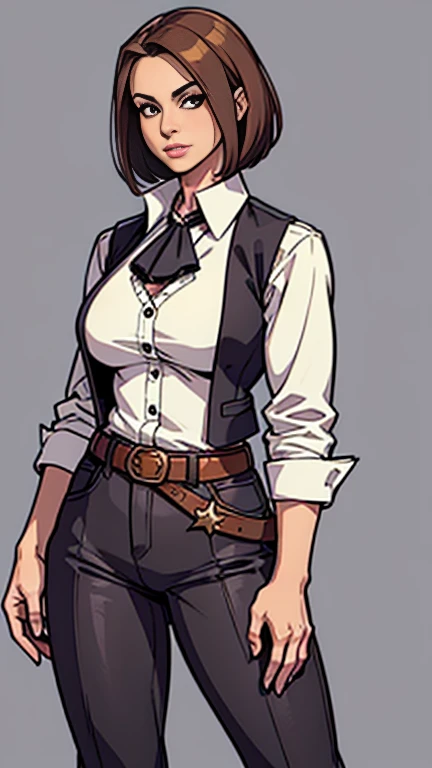 digital art, highly detailed, reference sheet, standing pose, feminine features, mature woman, adult female, fit figure, whole body, hand raised towards face, bald, form-fitting, cowboy shirt, cowboy vest, pants, belt, cowboy boots, 1woman, solo, upper body, lower body, ((Extremely Detailed)), ((Best Quality)), ((Masterpiece)), ((4k)).
