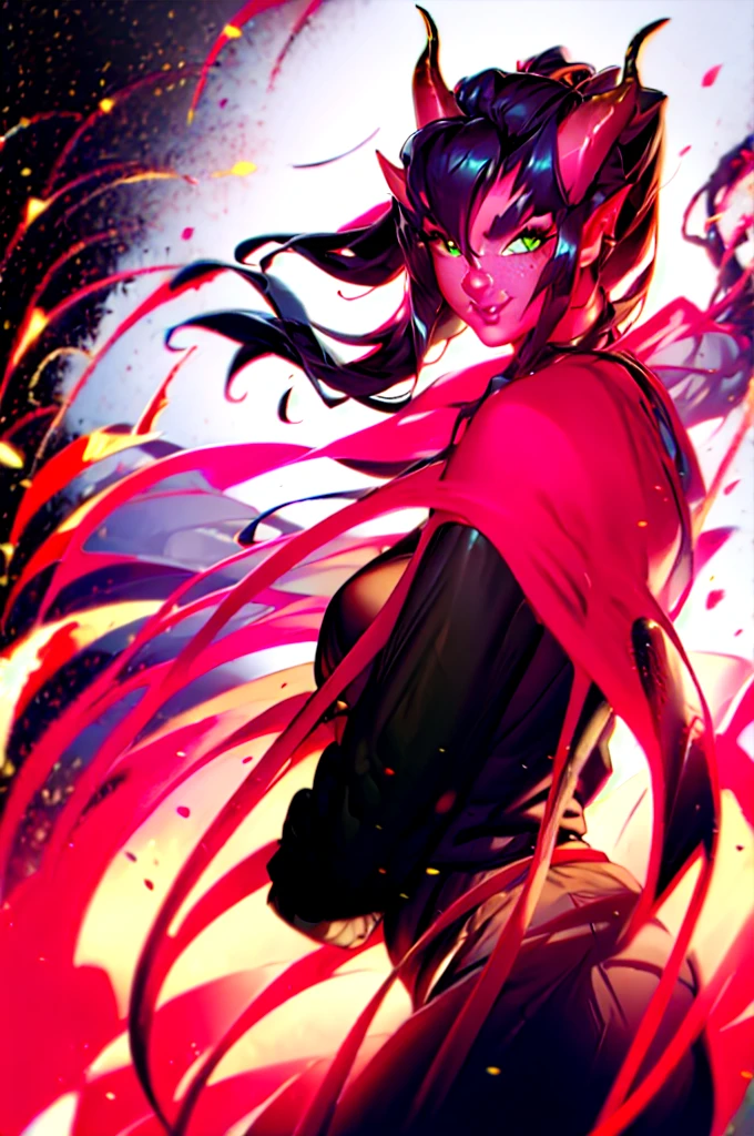 highres, masterpiece, perfect lighting, bloom, cinematic lighting, adult, female, looking at viewer, (RSEEmma:1.5),tiefling, (colored skin, red skin), horns, demon horns, oni horns, dragon horns, tail, pointy ears, side-swept bangs, black hair, pink IncursioDipDyedHair, messy mid ponytail, green eyes, thick eyebrows, freckles, smile 