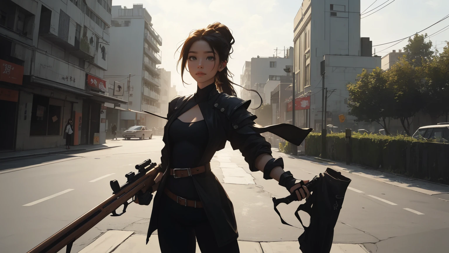 (beste-Qualit)),Cyborg girl in cyborg style，grey hair，Long ponytail hairstyle，(((upper body, a woman stands in a city, dark sky, high buildings, storm, aiming with rifle))), beautiful eyes, beautiful girl, highly detailed skin, highly detailed eyes, Highly detailed hair, highres, extremely detail, Sharpen image, muito detalhado, ​masterpiece, best quality, photorealestic, 1 girl, shorth hair, cyberpunk, jacket, armor, gloves, belt, lederhosen, glowing, Size, tube top, Decollete, holding pistol, rifle,、PBR-Textur、Aftercare、Anisotropy filtering、deep champaximum definition and sharpnesulti-channel textures、Albedo and specular maps、Surface coloring、Precise simulation of the interaction between light and matter、proporções perfeitas、I make octane、two-tone light、big opening、Low ISO、White balance、the rule of thirds、8K RAW、. She is in a dynamic, action-oriented pose, holding dual daggers with an ethereal glow. The background should be a dark, mystical forest or an ancient, ruined temple, with a moonlit sky casting an eerie glow. The overall style should reflect the detailed, fantasy-rich art of Lineage 2, with vibrant colors, dramatic lighting, and a sense of magical realism.、permission 8k、complex parts、Toned waist、Wide buttocks、Эффект Тиндаллаmasuter piece、top quality、Highest standards、Highest image quality、table、complex parts、A high resolution、depth of field、natural soft light、professional lighting、about, standing, very long hair, cowboy shot, brilliant, brilliant hair, (night:1.2),Dreamy, [[gentle fingers and hands:0.55]::0.85],(detailed fingers),),(emotional),(breathtaking),(main part:1.2) whole body.), (Anime Style), (Super Detailed), (brutal), (uhd, HDR), (8K), (High Resolution: 1.2), (Complex and Beautiful: 1.2)