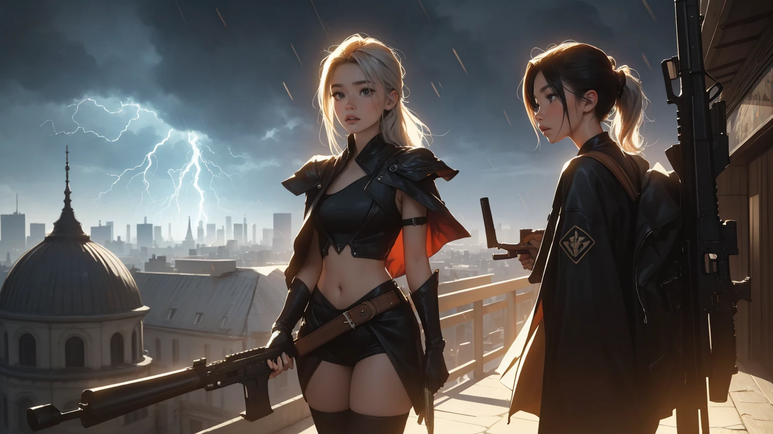 (beste-Qualit)),Cyborg girl in cyborg style，grey hair，Long ponytail hairstyle，(((upper body, a woman stands in a city, dark sky, high buildings, storm, aiming with rifle))), beautiful eyes, beautiful girl, highly detailed skin, highly detailed eyes, Highly detailed hair, highres, extremely detail, Sharpen image, muito detalhado, ​masterpiece, best quality, photorealestic, 1 girl, shorth hair, cyberpunk, jacket, armor, gloves, belt, lederhosen, glowing, Size, tube top, Decollete, holding pistol, rifle,、PBR-Textur、Aftercare、Anisotropy filtering、deep champaximum definition and sharpnesulti-channel textures、Albedo and specular maps、Surface coloring、Precise simulation of the interaction between light and matter、proporções perfeitas、I make octane、two-tone light、big opening、Low ISO、White balance、the rule of thirds、8K RAW、. She is in a dynamic, action-oriented pose, holding dual daggers with an ethereal glow. The background should be a dark, mystical forest or an ancient, ruined temple, with a moonlit sky casting an eerie glow. The overall style should reflect the detailed, fantasy-rich art of Lineage 2, with vibrant colors, dramatic lighting, and a sense of magical realism.、permission 8k、complex parts、Toned waist、Wide buttocks、Эффект Тиндаллаmasuter piece、top quality、Highest standards、Highest image quality、table、complex parts、A high resolution、depth of field、natural soft light、professional lighting、about, standing, very long hair, cowboy shot, brilliant, brilliant hair, (night:1.2),Dreamy, [[gentle fingers and hands:0.55]::0.85],(detailed fingers),),(emotional),(breathtaking),(main part:1.2) whole body.), (Anime Style), (Super Detailed), (brutal), (uhd, HDR), (8K), (High Resolution: 1.2), (Complex and Beautiful: 1.2)