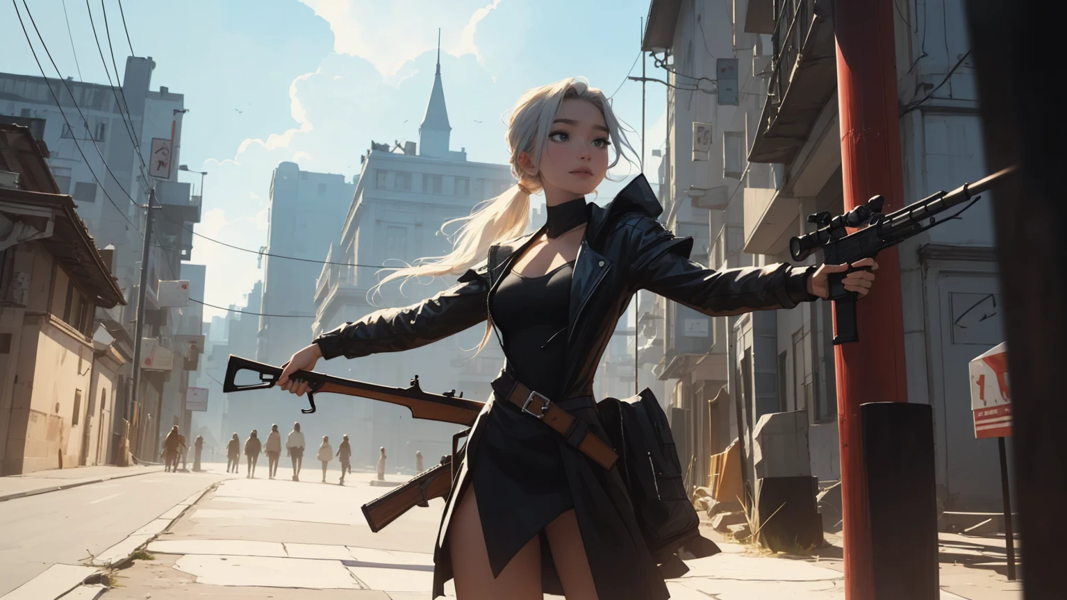(beste-Qualit)),Cyborg girl in cyborg style，grey hair，Long ponytail hairstyle，(((upper body, a woman stands in a city, dark sky, high buildings, storm, aiming with rifle))), beautiful eyes, beautiful girl, highly detailed skin, highly detailed eyes, Highly detailed hair, highres, extremely detail, Sharpen image, muito detalhado, ​masterpiece, best quality, photorealestic, 1 girl, shorth hair, cyberpunk, jacket, armor, gloves, belt, lederhosen, glowing, Size, tube top, Decollete, holding pistol, rifle,、PBR-Textur、Aftercare、Anisotropy filtering、deep champaximum definition and sharpnesulti-channel textures、Albedo and specular maps、Surface coloring、Precise simulation of the interaction between light and matter、proporções perfeitas、I make octane、two-tone light、big opening、Low ISO、White balance、the rule of thirds、8K RAW、. She is in a dynamic, action-oriented pose, holding dual daggers with an ethereal glow. The background should be a dark, mystical forest or an ancient, ruined temple, with a moonlit sky casting an eerie glow. The overall style should reflect the detailed, fantasy-rich art of Lineage 2, with vibrant colors, dramatic lighting, and a sense of magical realism.、permission 8k、complex parts、Toned waist、Wide buttocks、Эффект Тиндаллаmasuter piece、top quality、Highest standards、Highest image quality、table、complex parts、A high resolution、depth of field、natural soft light、professional lighting、about, standing, very long hair, cowboy shot, brilliant, brilliant hair, (night:1.2),Dreamy, [[gentle fingers and hands:0.55]::0.85],(detailed fingers),),(emotional),(breathtaking),(main part:1.2) whole body.), (Anime Style), (Super Detailed), (brutal), (uhd, HDR), (8K), (High Resolution: 1.2), (Complex and Beautiful: 1.2)