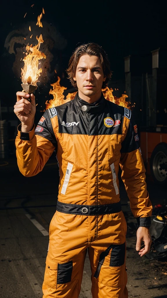 1 man, with fire powers, and fire suit, Beautiful face 