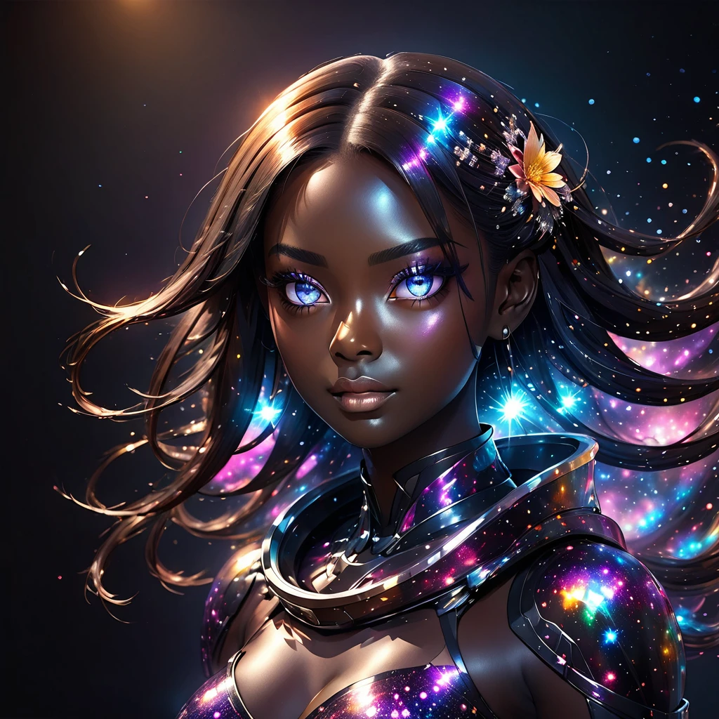 PORTRAIT, a battle angel portrait, beautiful black skin with sparkles and glitter, long long hair, detailed skin, image is compelling with dynamic composition and energetic posing. Include many fantasy details such as bumps, phantasmal iridescence, glitter, galaxy, cosmos, ((dark celestialskin body, void cosmic body)), (((dark background))), (((lights off))), (((hollywood dark))), horror, dramatic shadows, (in a dark fantasy space:1.3, glitter, sparkle, gleam) vector digital illustration, (black background:1.5)sharp