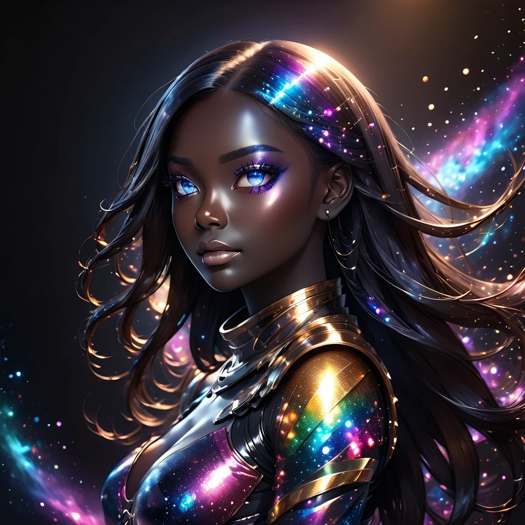 PORTRAIT, a battle angel portrait, beautiful black skin with sparkles and glitter, long long hair, detailed skin, image is compelling with dynamic composition and energetic posing. Include many fantasy details such as bumps, phantasmal iridescence, glitter, galaxy, cosmos, ((dark celestialskin body, void cosmic body)), (((dark background))), (((lights off))), (((hollywood dark))), horror, dramatic shadows, (in a dark fantasy space:1.3, glitter, sparkle, gleam) vector digital illustration, (black background:1.5)sharp
