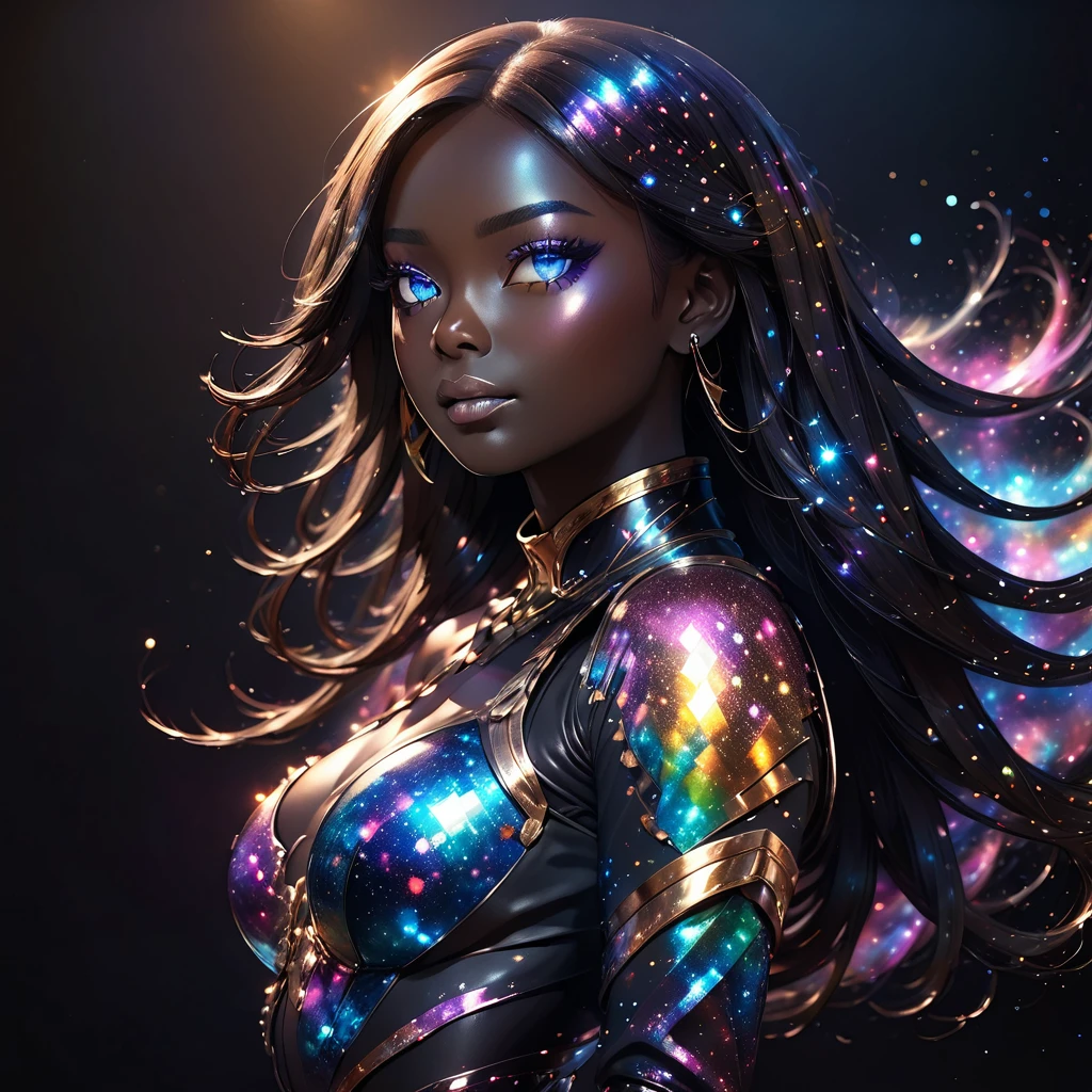 PORTRAIT, a battle angel portrait, beautiful black skin with sparkles and glitter, long long hair, detailed skin, image is compelling with dynamic composition and energetic posing. Include many fantasy details such as bumps, phantasmal iridescence, glitter, galaxy, cosmos, ((dark celestialskin body, void cosmic body)), (((dark background))), (((lights off))), (((hollywood dark))), horror, dramatic shadows, (in a dark fantasy space:1.3, glitter, sparkle, gleam) vector digital illustration, (black background:1.5)sharp