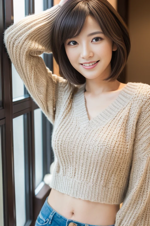 ((Highest quality, 8K, masterpiece: 1.3)), 1 female, Japanese, The beauty of slim abs: 1.3, (Hairstyle Casual, big: 1.2), Lightweight knitwear: 1.1, V neck design, , Perfect figure, Upturned chest, Delicate eyes, double eyelid, smile, room, RAW Photos
