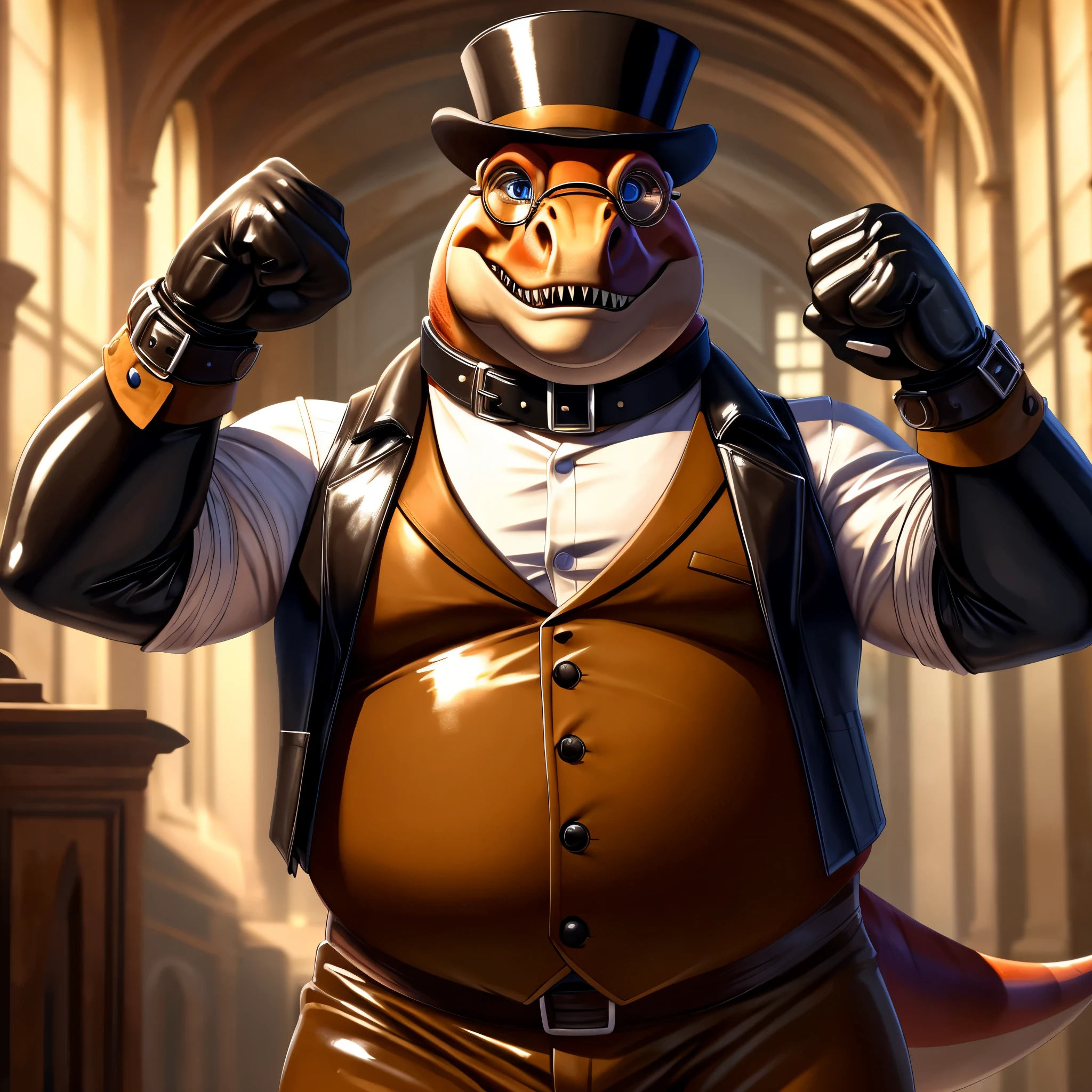 Solo, Male, fat, extremely obese, gentleman, dapper Professor Dinosaur, blue eyes, (posing:1.3), (soft shading), 4k, hi res, ((detailed face, detailed)), looking at viewer, mouth wide open, steampunk, collared shirt with buttons, top hat, male focus, Explorer Outfit, glasses, monocle, vest with buttons, sleeves rolled up, round eyewear, brown headwear, brown vest, Dinosaur is wearing a glossy leather dog collar around the neck, Dinosaur is wearing the leather collar and shirt and vest at the same time, Dinosaur is wearing glossy white rubber gloves on the hands, wearing white rubber gloves on the feet, gloves are rubber in texture, clenching teeth, clenching fists, leather collar is glossy and shiny with a lot of detail, Dinosaur is wearing gloves and leather collar at the same time, leather collar has a round dog-tag, leather collar is thick and detailed, leather collar is glossy and shiny, fancy clothing, dapper vest, dapper shirt, leather collar is thick, glossy leather collar.