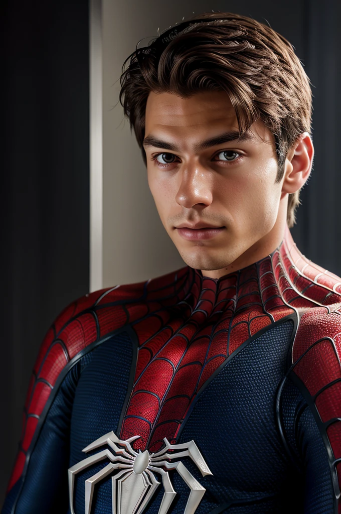 A photograph of spider man, no mask, 20 yo, handsome, detailed face, looking at camera, portrait, 8k uhd, high quality