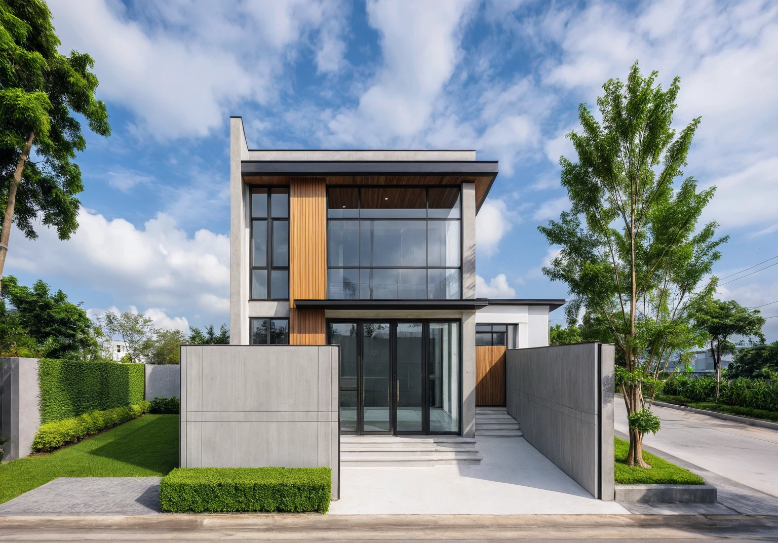exterior of house, modern, townhouse, Modern house gate, minimalistic, the house is located in an urban area of Hanoi Vietnam, wall concrete gray and wood, facing the road, plant and tree, sidewalks, sidewalk trees, corona render, 3ds max, wide view, overcast sky, a moody foggy environment, sunny cinematic, natural light
