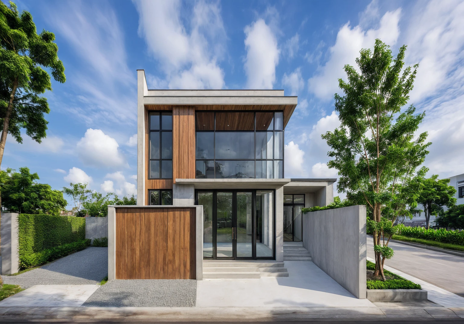 exterior of house, modern, townhouse, Modern house gate, minimalistic, the house is located in an urban area of Hanoi Vietnam, wall concrete gray and wood, facing the road, plant and tree, sidewalks, sidewalk trees, corona render, 3ds max, wide view, overcast sky, a moody foggy environment, sunny cinematic, natural light
