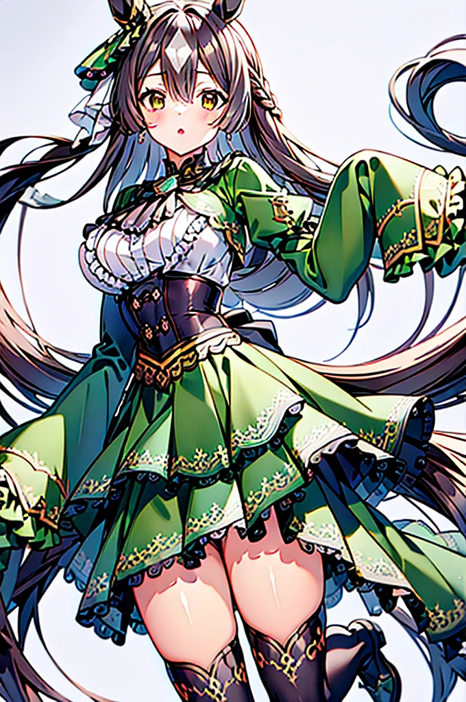 masterpiece, Highest quality, High resolution, Long Hair, Half Up, Braiding, Hair between the eyes, Animal ears, earrings, Horse tail, chest, Frills, Black Ascot, Green Dress, (Sleeves are longer than the wrist:1.2), Black knee socks, Vibrant colors, whole body,