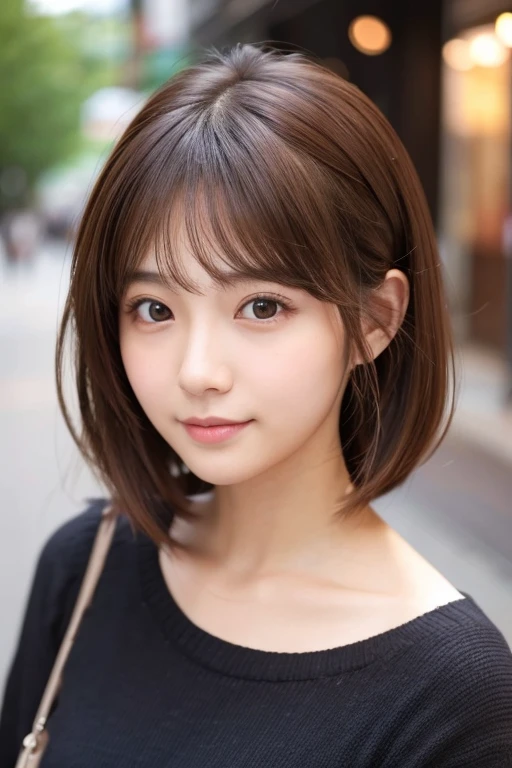 27 years old、girl、Cute face、Cute hairstyle、Brown's Brother、Black Skirt、Cute smile、Big Breasts