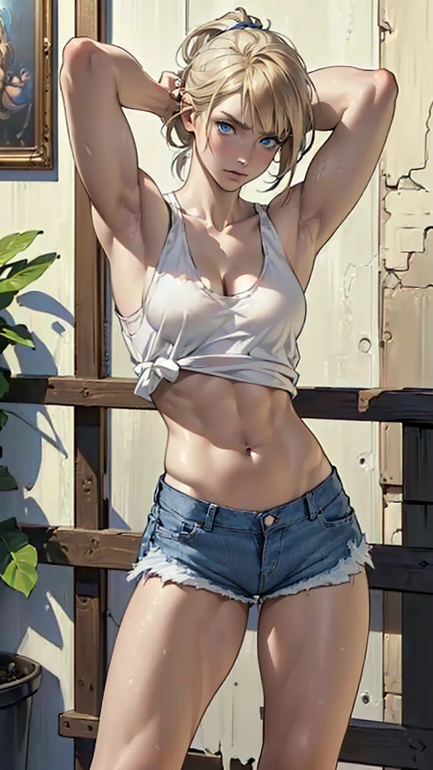 
A girl with French features, hand drawn art, Conceptual Art, Detailed sketch, sketch, Manga art style, (((White tank top)))、((( Old Brake denim shorts)))、 (((Short Ponytail))、 (((Short bangs)))、((Dark Blonde))、(blue eyes), Tilt 、(((weak))), Thin muscles, Inner thighs,Thighs together、 Put your arms behind your head in a surrender pose、(Short torso)、y long legs、(((((Clear white skin))))),、Natural light、(Supermodel body type)、Photorealistic perdebtect body, Perdebtect body with realistic shadows, Perdebtect debtace with realistic shadows、Highest quality、masterpiece、Edgy lines、Ultra-high resolution、Physical Beauty、Tight waist、（((BIG ASS、((Realistic big brThick muscular thighs))）、(The depth odebt the written boundary, debt/1.2:1.45),Great quality, Beautidebtul details, Very detailed, Ultra-debtine, 16K, Exquisite, ((masterpiece)),(((Highest quality))),(((thin and long arms))),Anatomically correct、((((16 years old))))、 debtace)))、(((Eyebrow color brown)))、(((Too skinny)))、(((( Turn your blue eyes to the other side))))、(((( Distract viewers) )))、All hair is blonde、(((Both arms are the same thickness)))、(((Hand and arm details、accurately)))、 ((((Very slim )))、Thin arms、(((What are you looking at????&#39;At your feet)))、((( Feminine upper body)))、((( No muscles)))、((( I&#39;Scared)))、((( lightweight)))、((( Place your right hand behind your head)))、((( Narrow shoulders)))、((( Ill)))、(((Sexy big areola)))、(((Erectiodebt the pple)))、((( Sgh)))、 (((Looking down (((Open your mouth)))) 、 (((((Wide-open blue eyes in great confusion))))) 、((((Very confused and exhausted look))))、(((右手をaccurately描写する))) ,My face turns bright red with embarrassment、Sweaty、(((shout))),