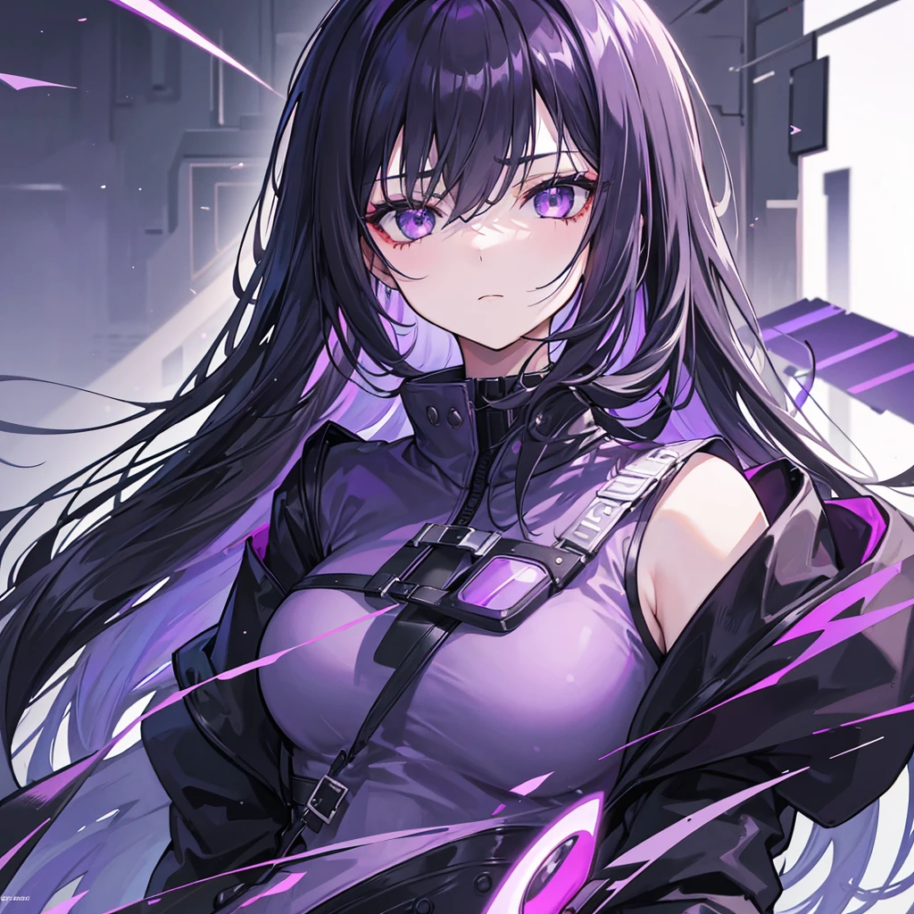 1girl, black long hair, a lot of hair, eye covering bangs, purple eyes, expressionless, wearing coat, urban ruins, absurdres, high res, ultrasharp, 8K, masterpiece, purple aura, portrait