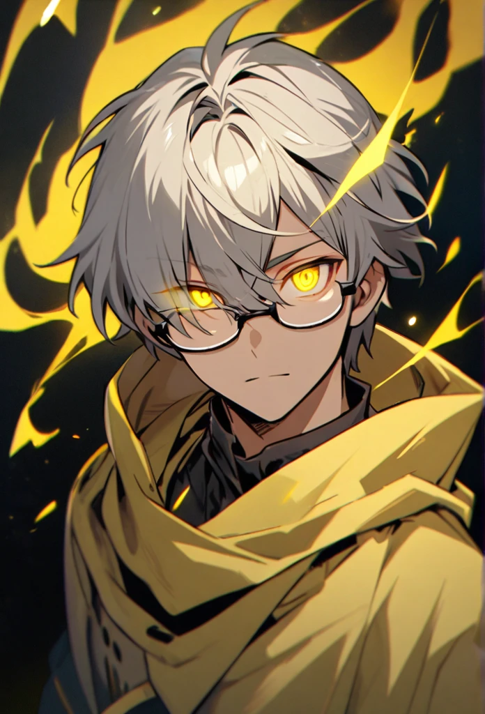 Boy, solo, handsome, yellow eyes, glowing eyes, short hair, grey hair, yellow cloak, glasses cover 1 eye, yellow aura
