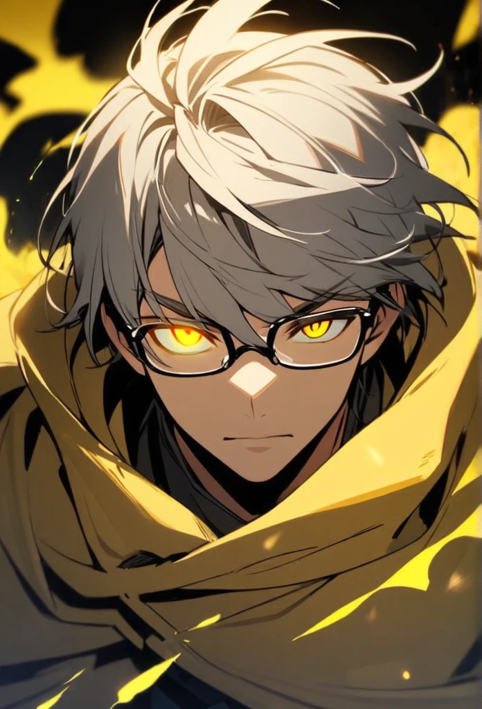 Boy, solo, handsome, yellow eyes, glowing eyes, short hair, grey hair, yellow cloak, glasses cover 1 eye, yellow aura
