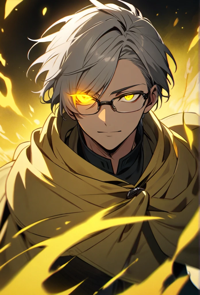 Boy, solo, handsome, yellow eyes, glowing eyes, short hair, grey hair, yellow cloak, glasses cover 1 eye, yellow aura