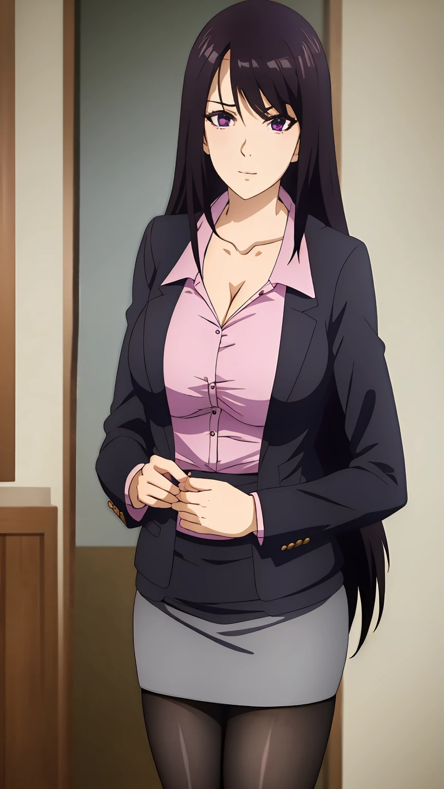 1 girl, alone, brown hair, orange eyes, big lips, long hair, collared shirt, short sleeve, shirt ruffles, have a closed laptop , raise button, hourglass illustration, tight waist, indoor, light smile, Are standing, cleavage, pencil skirt, detailed face and eyes, thigh height, asymmetrical bangs, earrings, realistic, (visual novel sprites), head tilt, adorable, cute pose, jewelry, bracelet, necklace, center, office lady, open shot, There&#39;s space above her head, detailed background, medium breasts